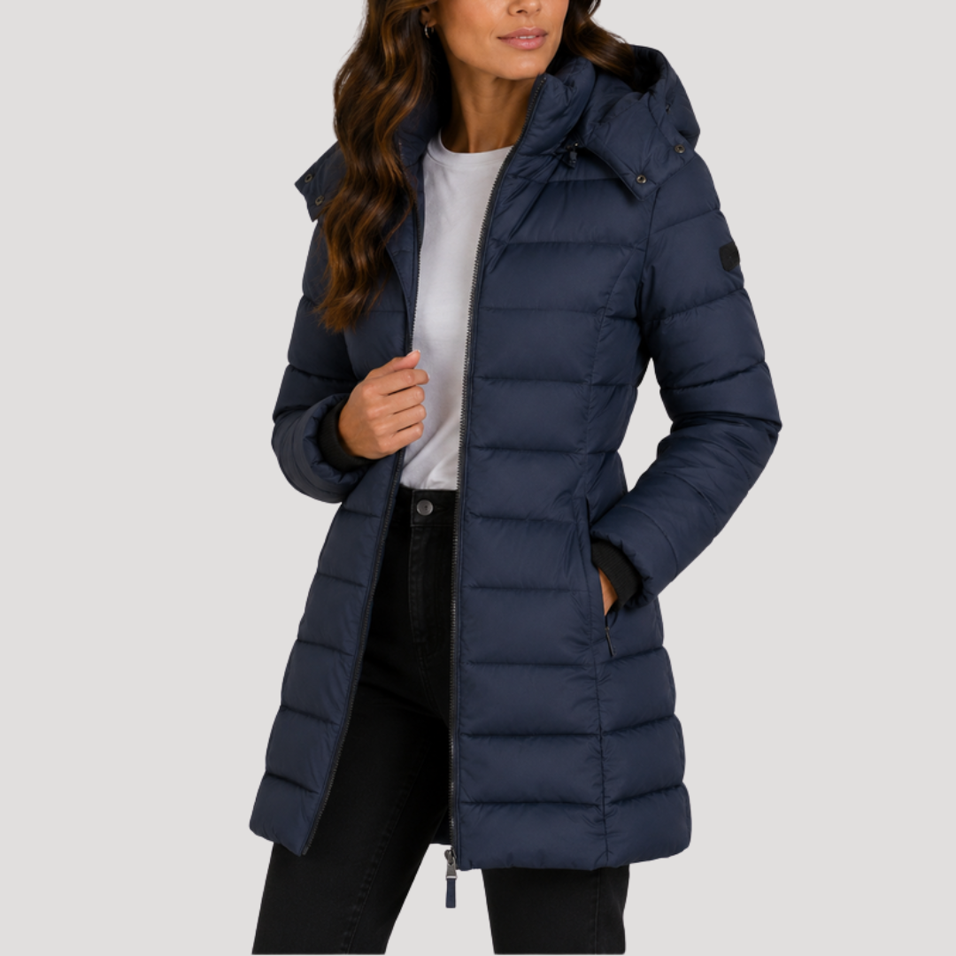 Delphine beige longline hooded puffer jacket, front view