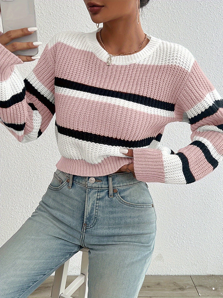 Delphine pink striped round-neck sweater, front view close-up
