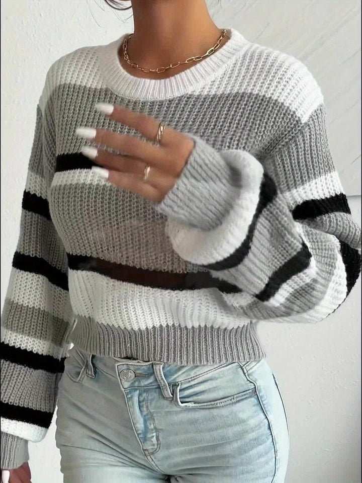 Delphine grey striped round-neck sweater, front detail close-up