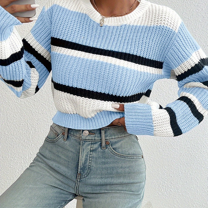 Delphine sky blue striped round-neck sweater, front detail