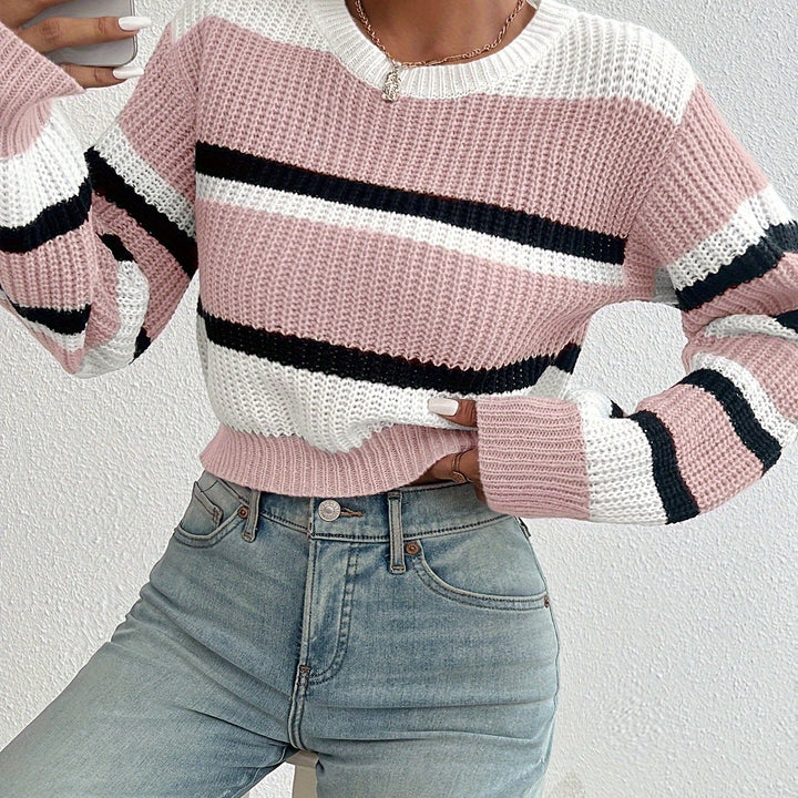 Delphine pink striped round-neck sweater, front detail alternate