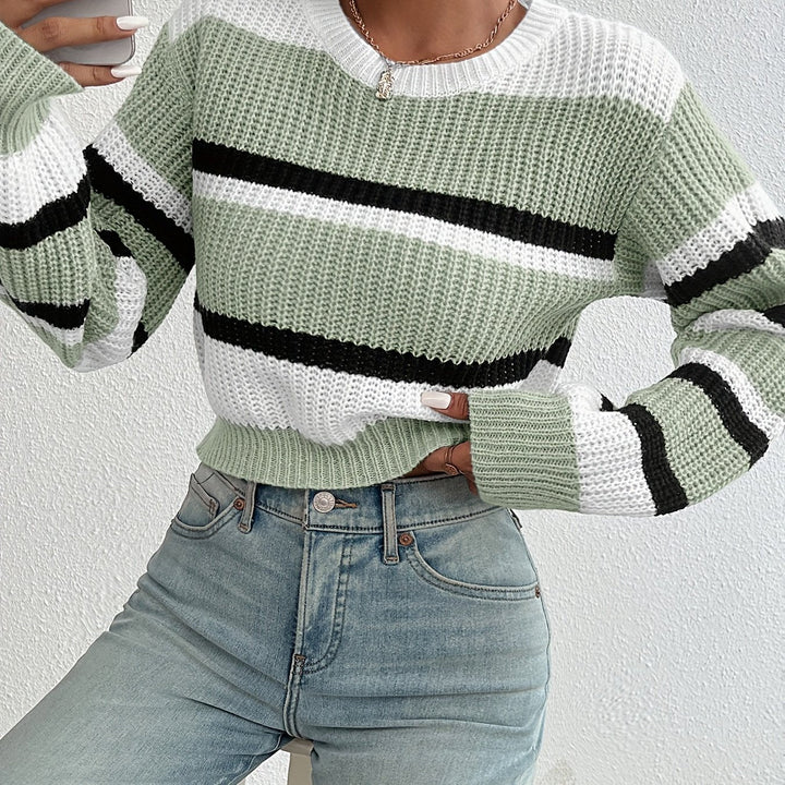 Delphine sage green striped round-neck sweater, front detail alternate