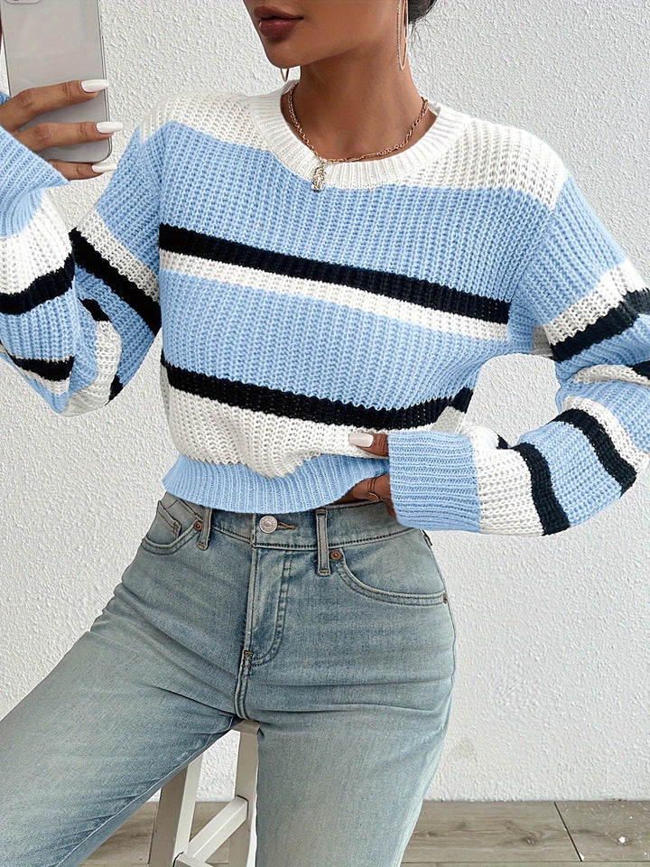 Delphine sky blue striped round-neck sweater, front view close-up