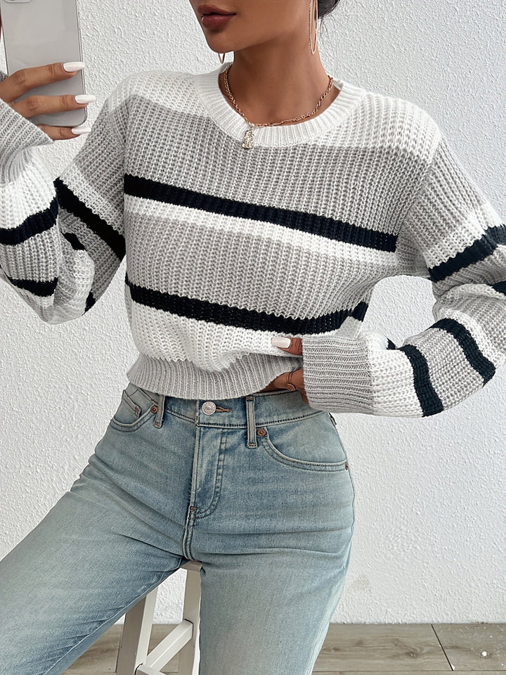 Delphine grey striped round-neck sweater, front view close-up