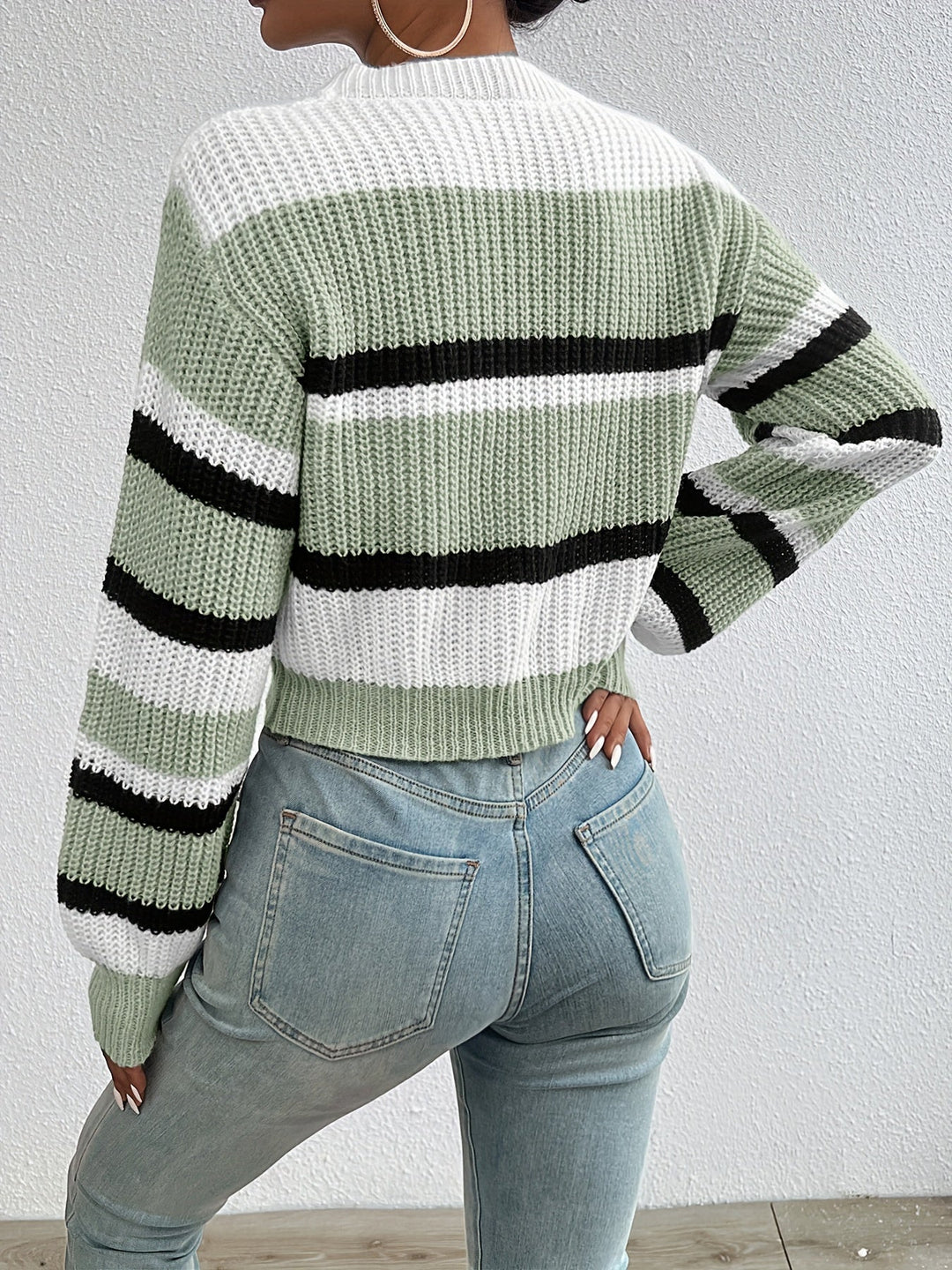 Delphine sage green striped round-neck sweater, back view