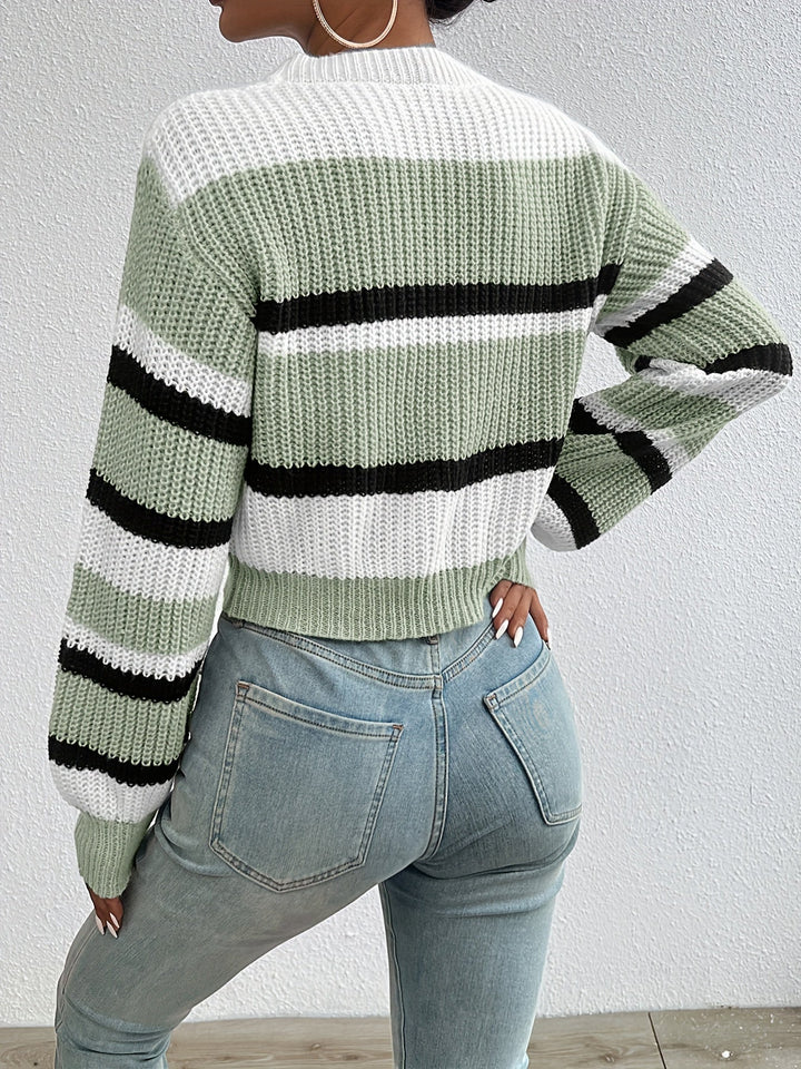 Delphine sage green striped round-neck sweater, back view