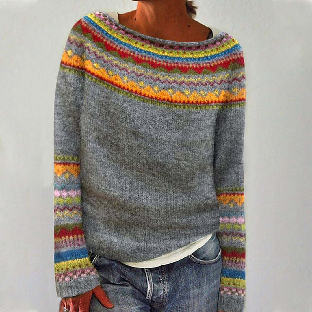 Gray and multicolor fair isle knit sweater with round neckline, front view