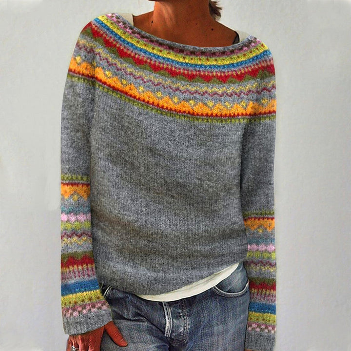 Gray and multicolor fair isle knit sweater with round neckline, front view