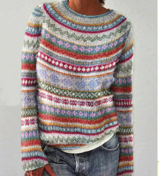 Multicolor striped fair isle knit sweater, close-up front view