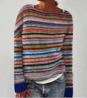 Multicolor striped knit sweater with blue cuffs, front view