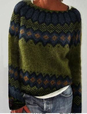 Green and navy fair isle knit sweater, front view