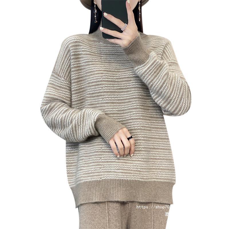 Eleanor striped mock neck sweater in camel, front view with hands in pockets