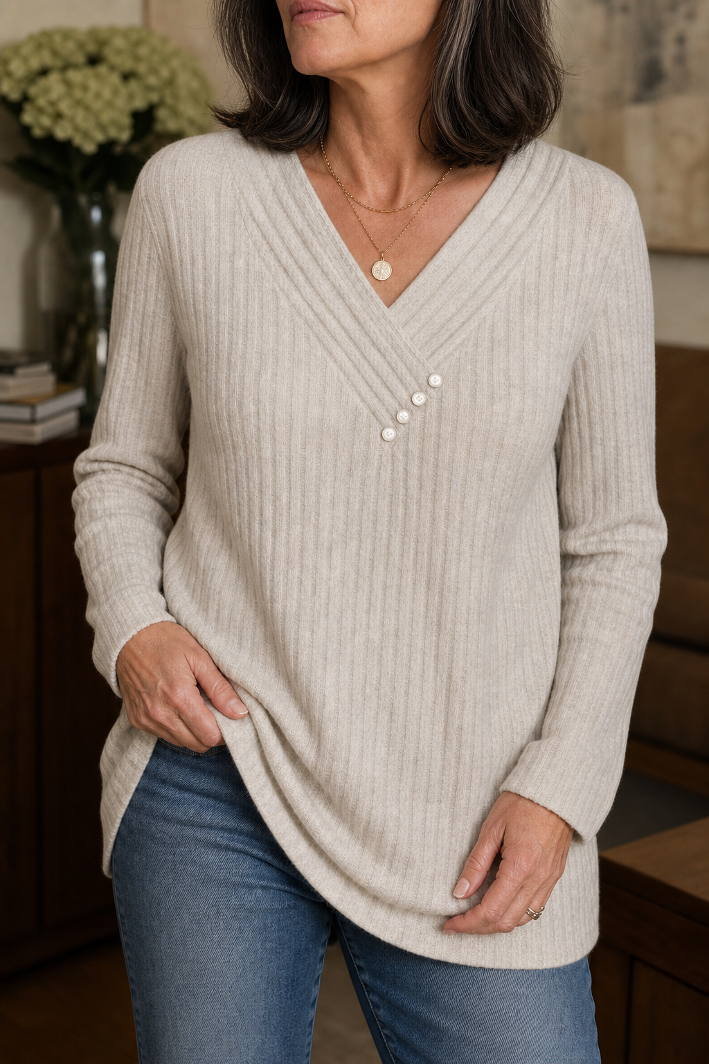 Eleanora ribbed V-neck sweater with button detail, close-up front view