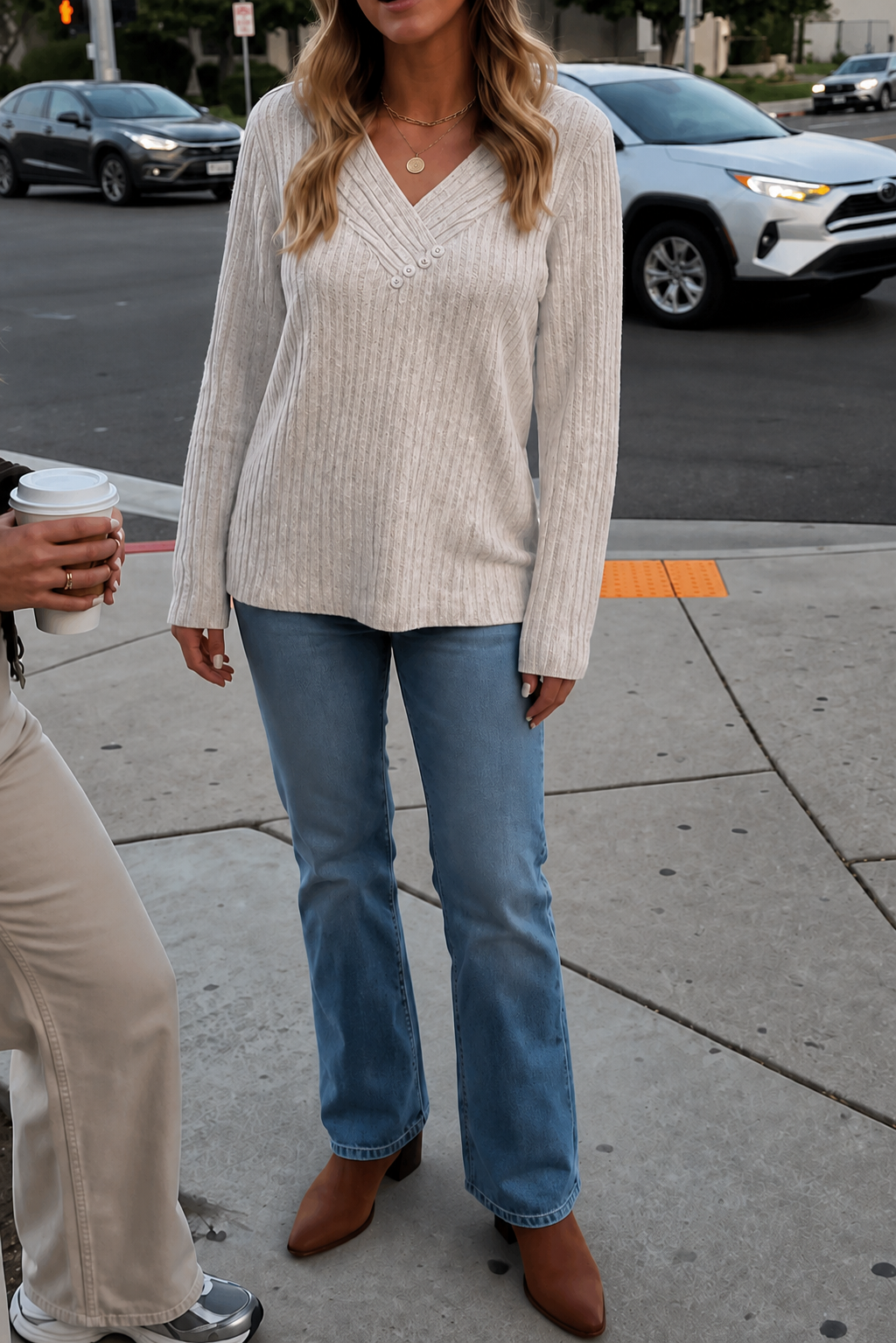 Eleanora ribbed V-neck sweater, back view with friends