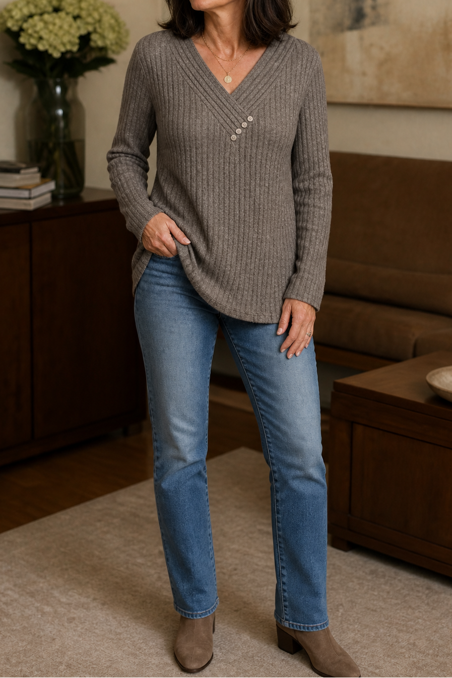 Eleanora ribbed V-neck sweater, back view with friends