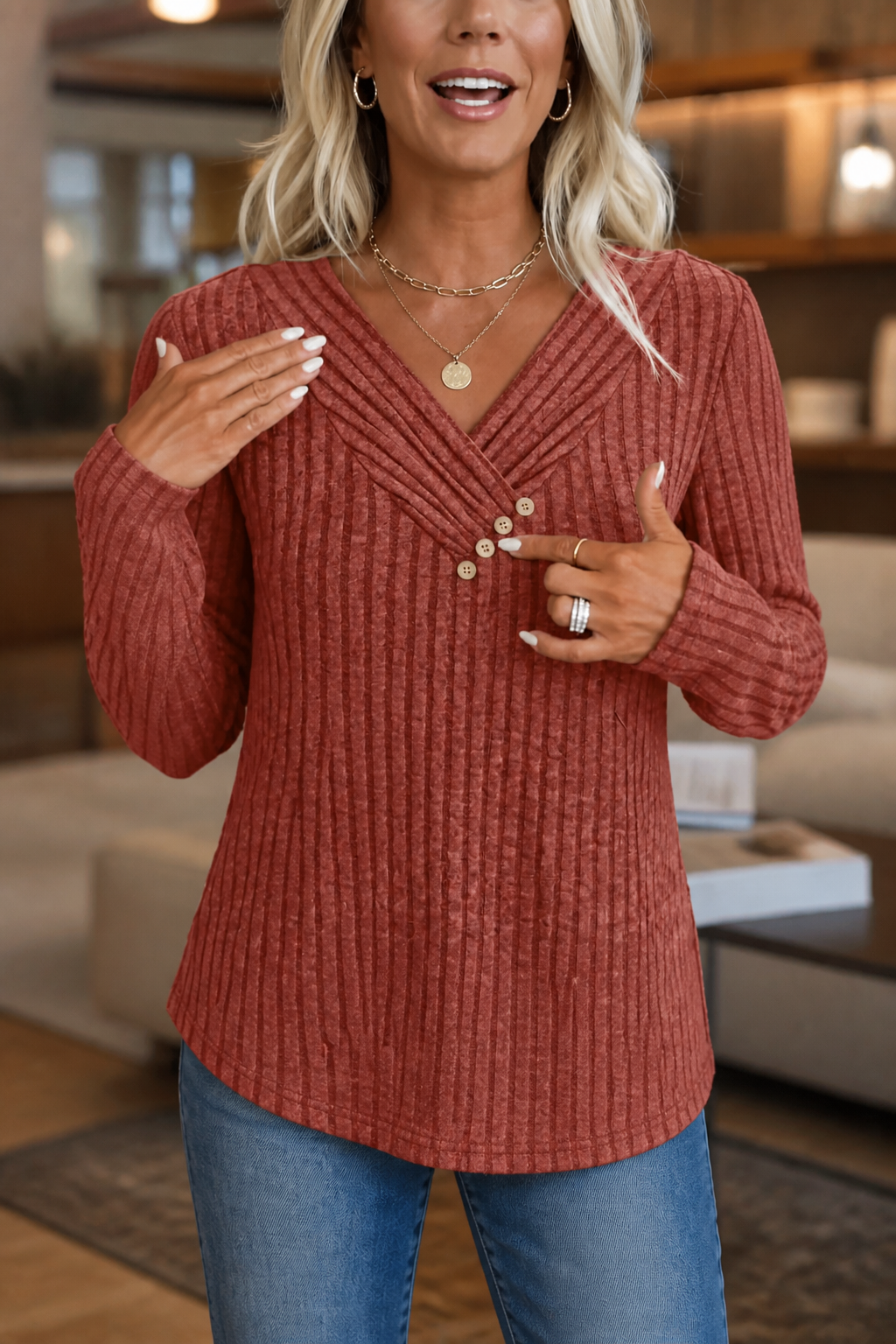 Eleanora ribbed V-neck sweater, back view with friends