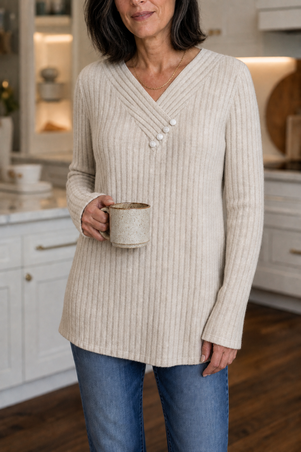 Eleanora ribbed V-neck sweater, close-up view holding a mug