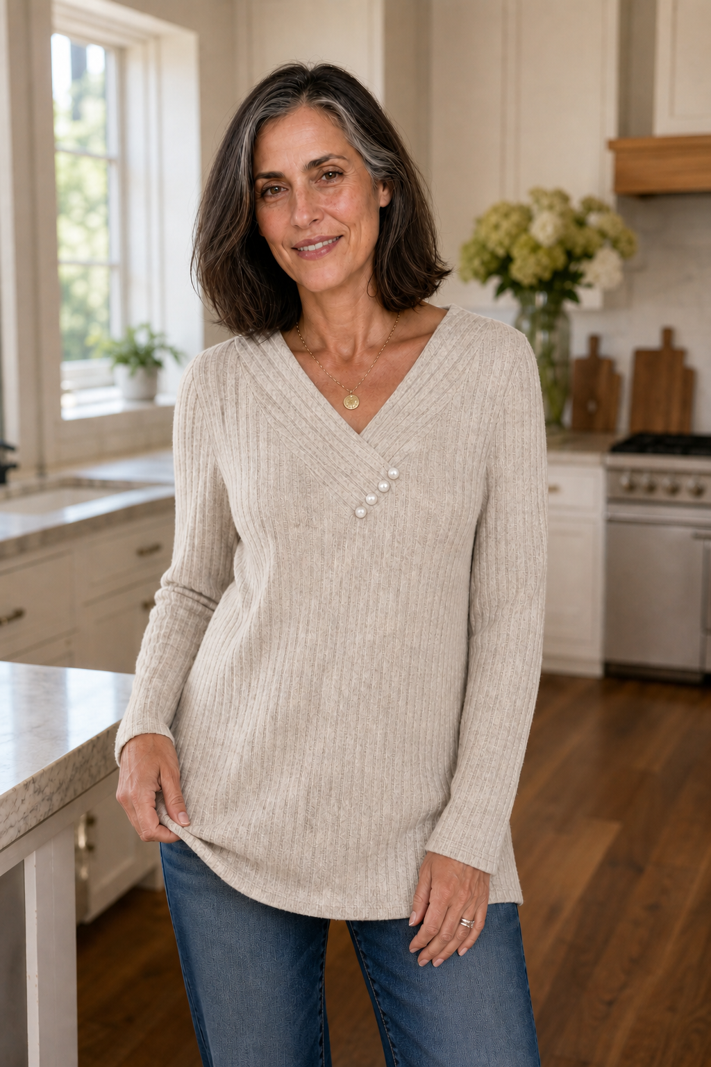 Eleanora ribbed V-neck sweater, full front view with jeans