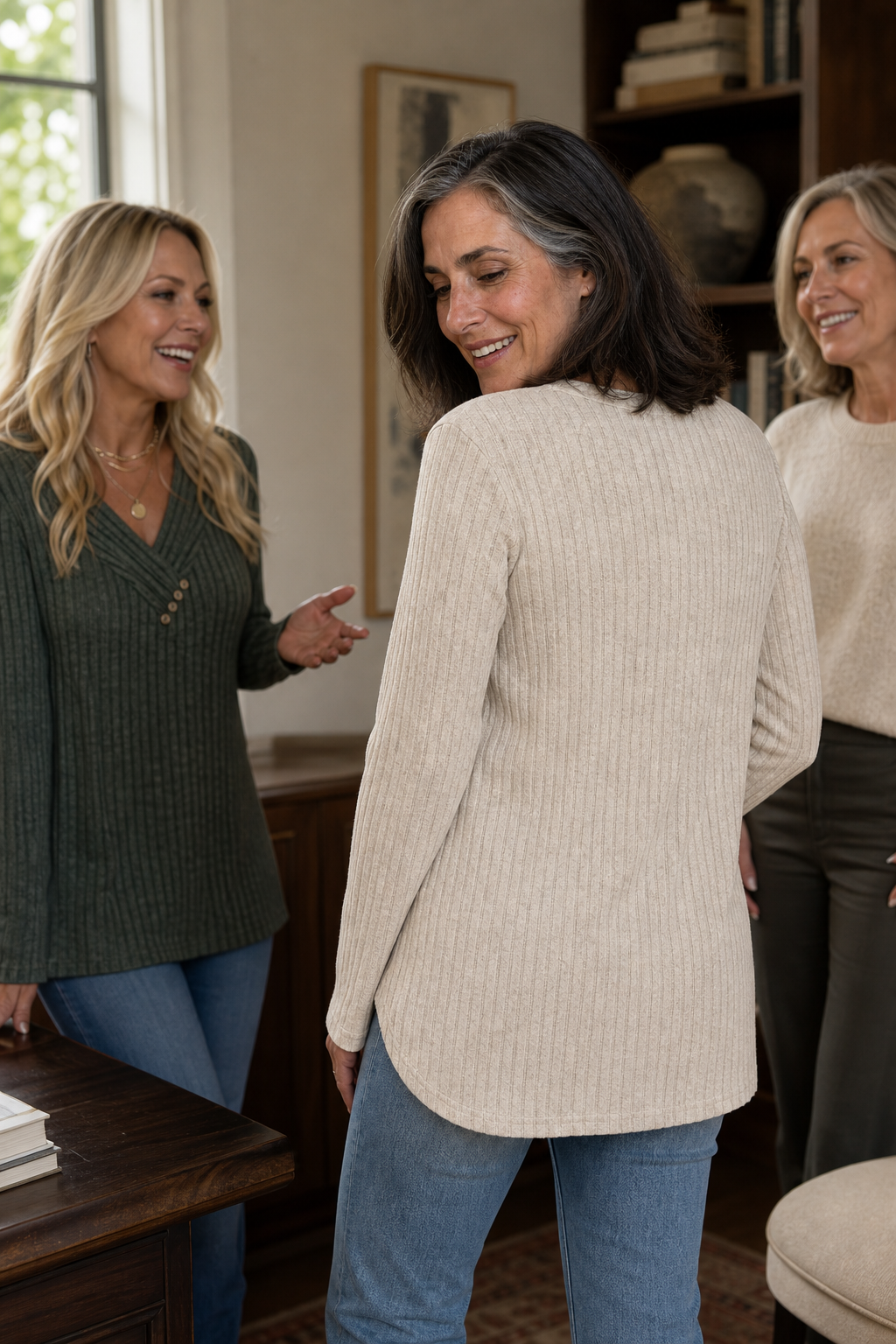 Eleanora ribbed V-neck sweater, back view with friends