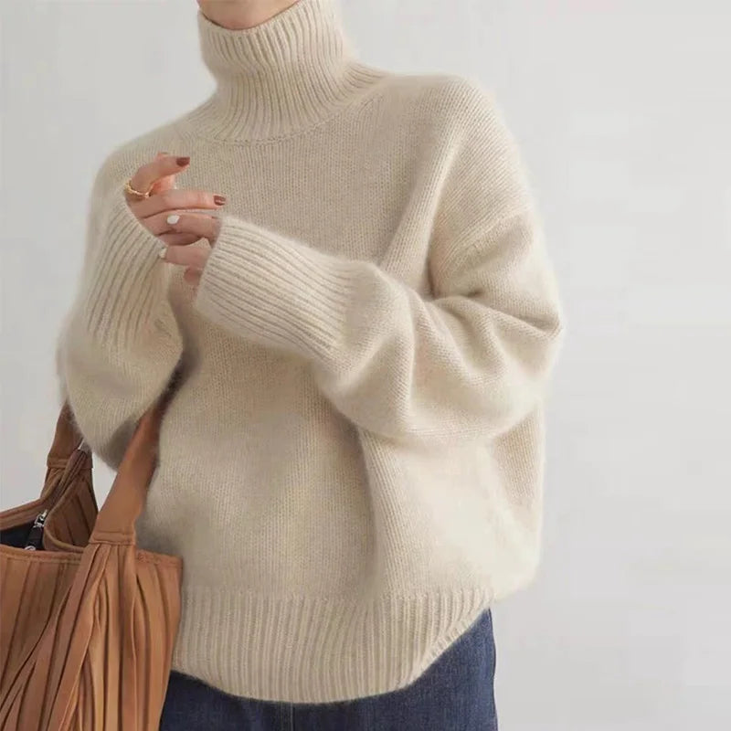 Elena oversized turtleneck sweater in cream, close-up front view