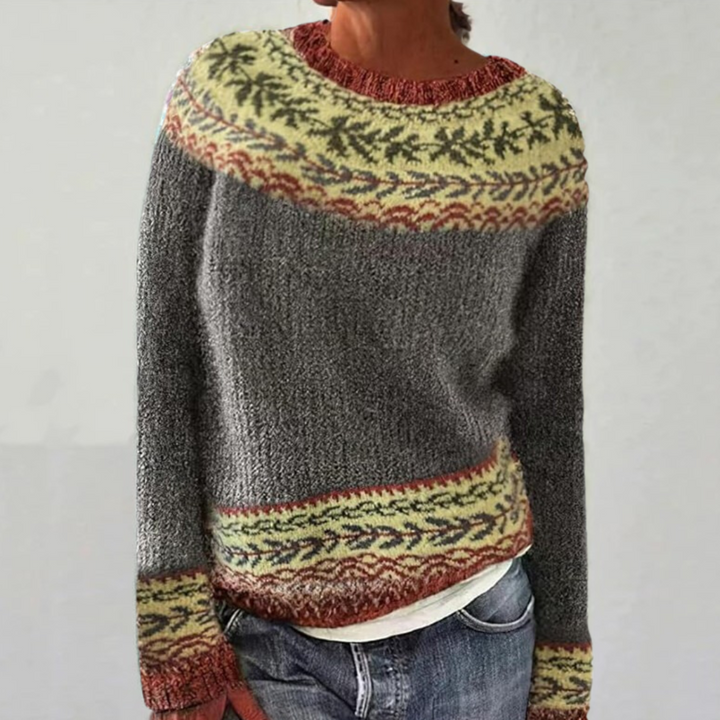 Elowen Fair Isle oversized sweater in gray with colorful patterned yoke, front view