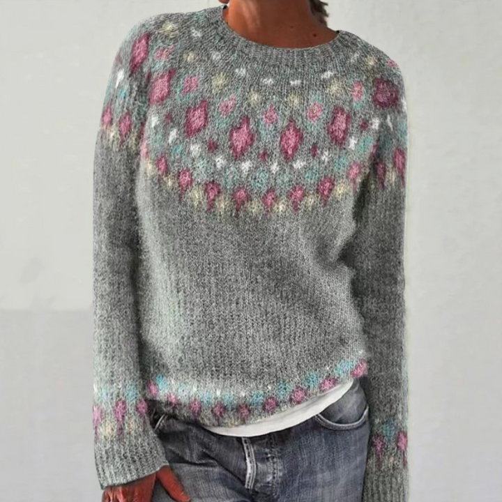Elowen Fair Isle oversized sweater in gray with pink and teal patterned yoke, front view