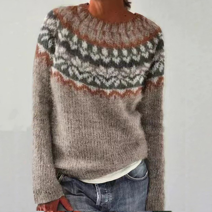Elowen Fair Isle oversized sweater in brown with patterned yoke, front view