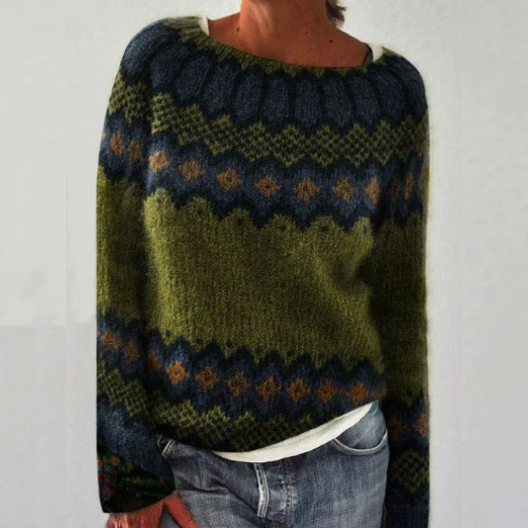 Elowen Fair Isle oversized sweater in dark green with colorblock yoke, front view