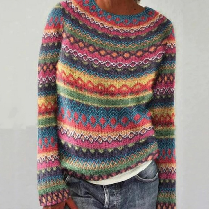 Elowen Fair Isle oversized sweater in dark green with colorblock yoke, front view