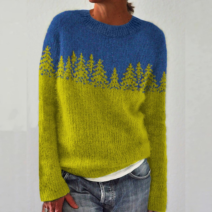 Elowen Fair Isle oversized sweater in dark green with colorblock yoke, front view
