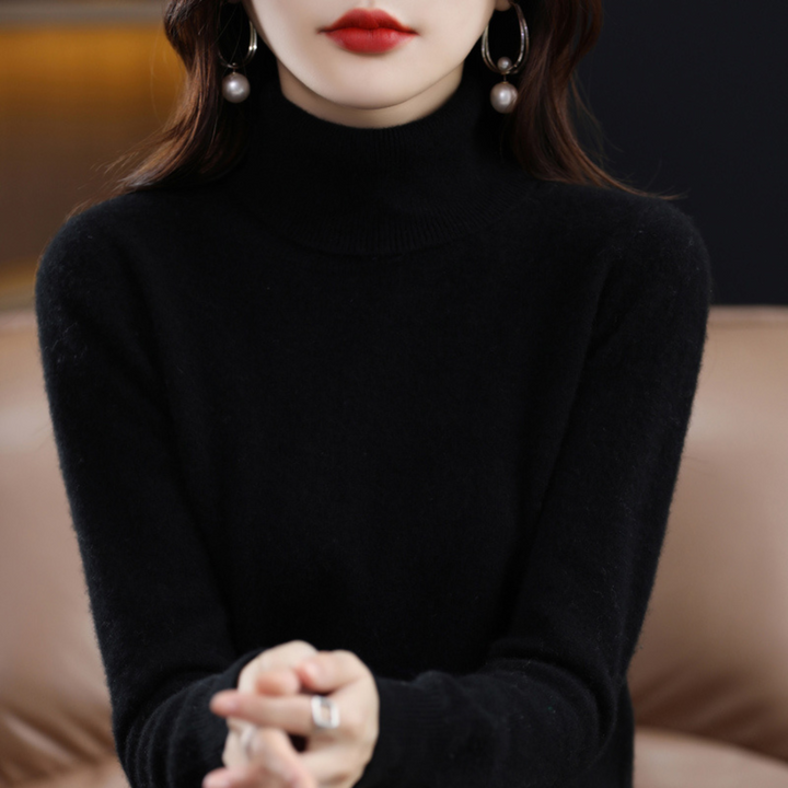 Emmie cashmere turtleneck sweater in black, front view close-up
