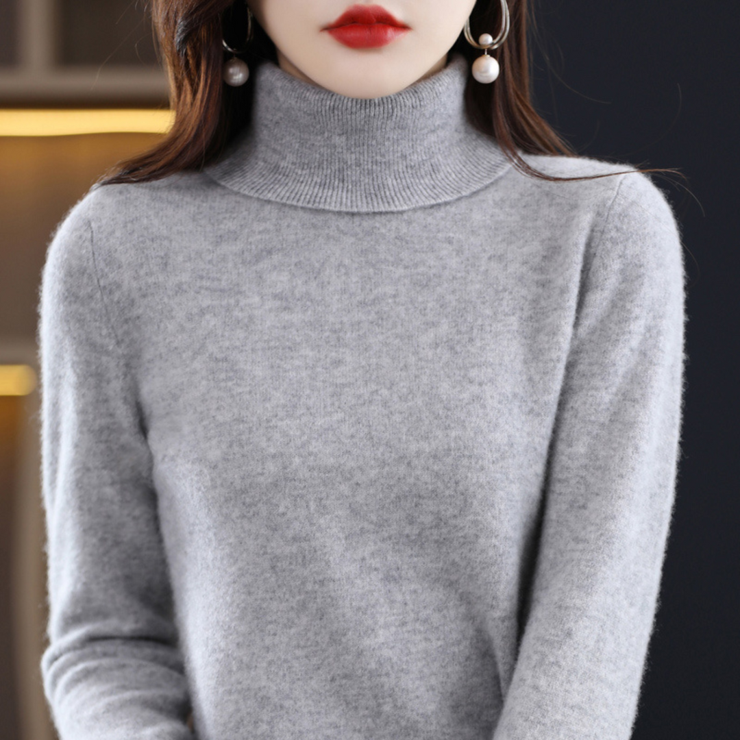 Emmie cashmere turtleneck sweater in gray, front view