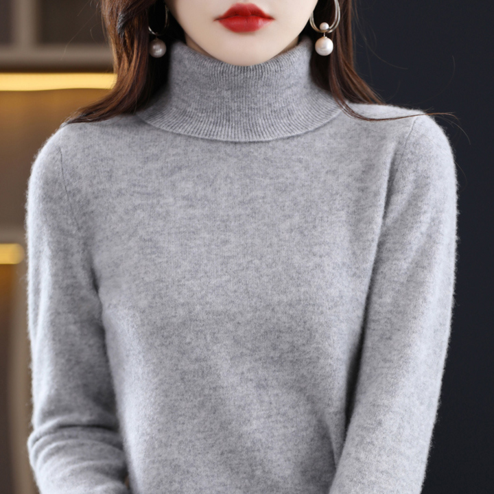 Emmie cashmere turtleneck sweater in gray, front view