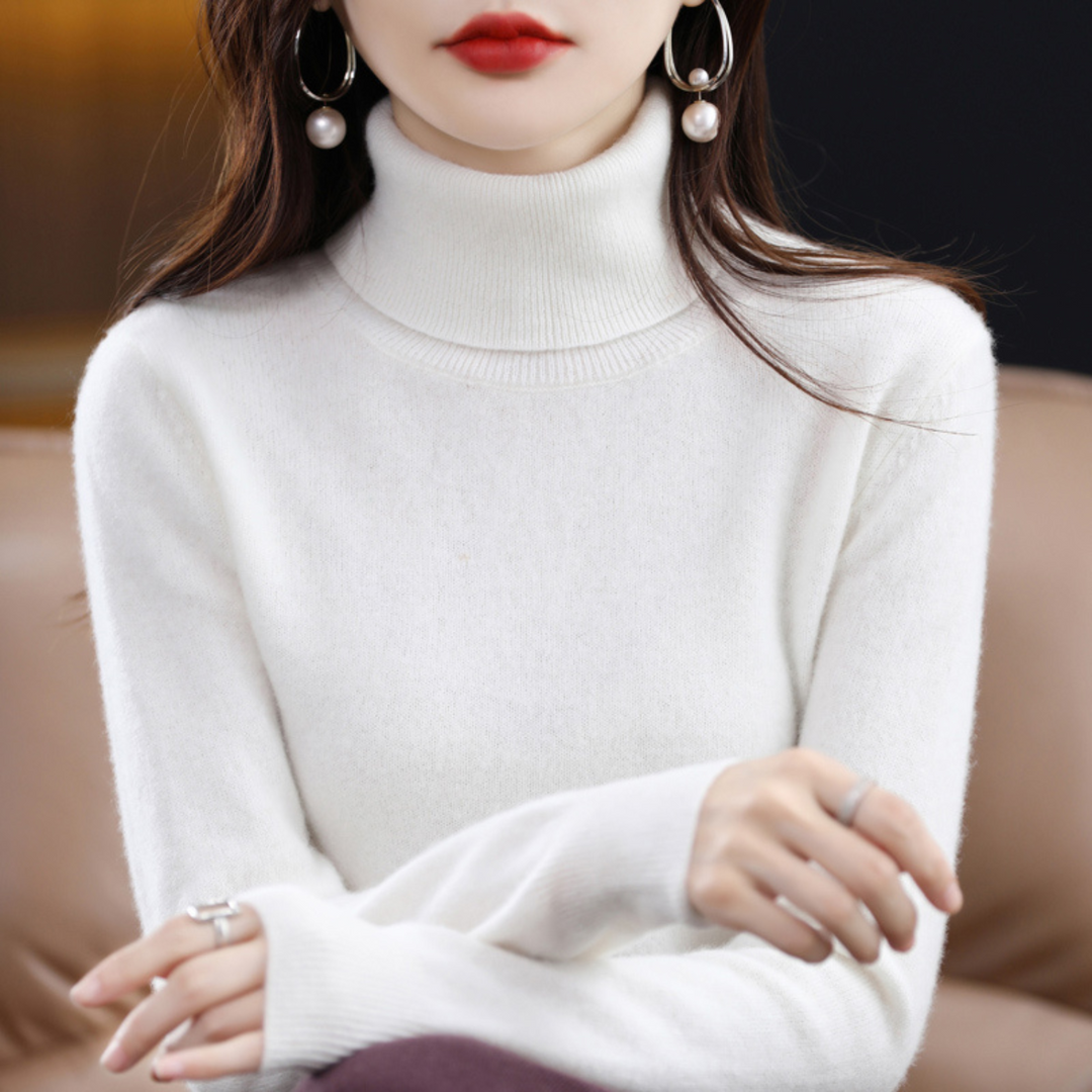 Emmie cashmere turtleneck sweater in white, front view