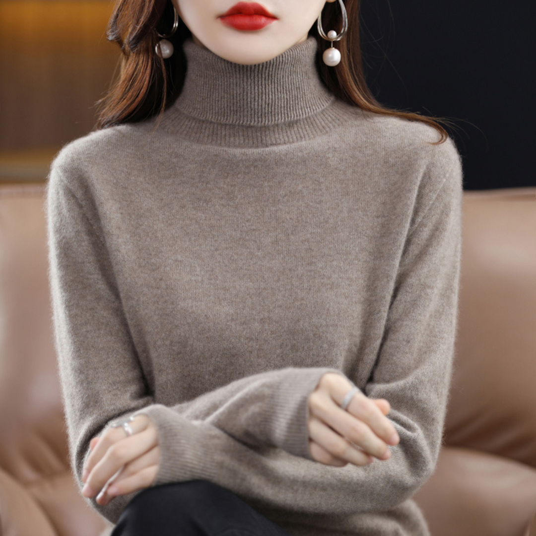 Emmie cashmere turtleneck sweater in dark brown, front view