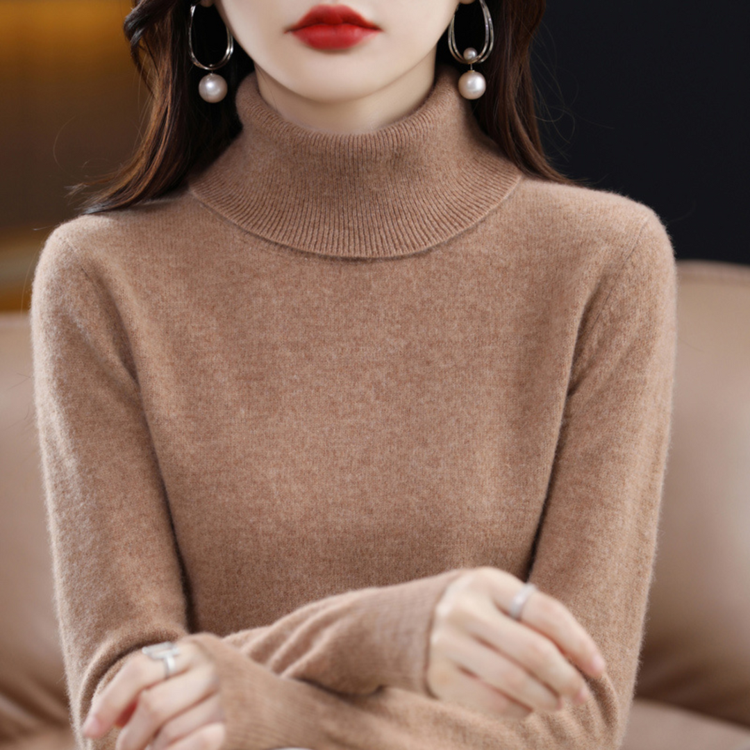 Emmie cashmere turtleneck sweater in camel, front view