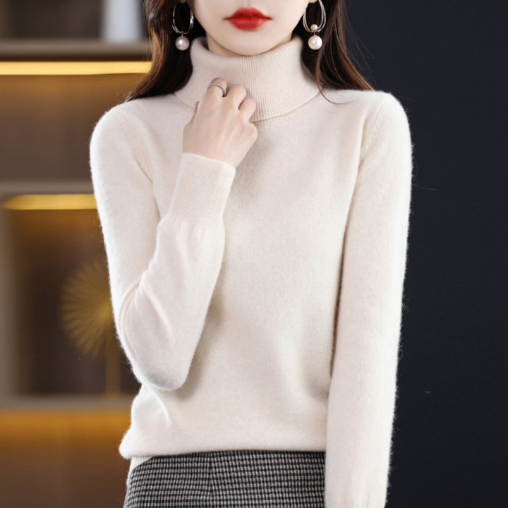 Emmie cashmere turtleneck sweater in cream, front view