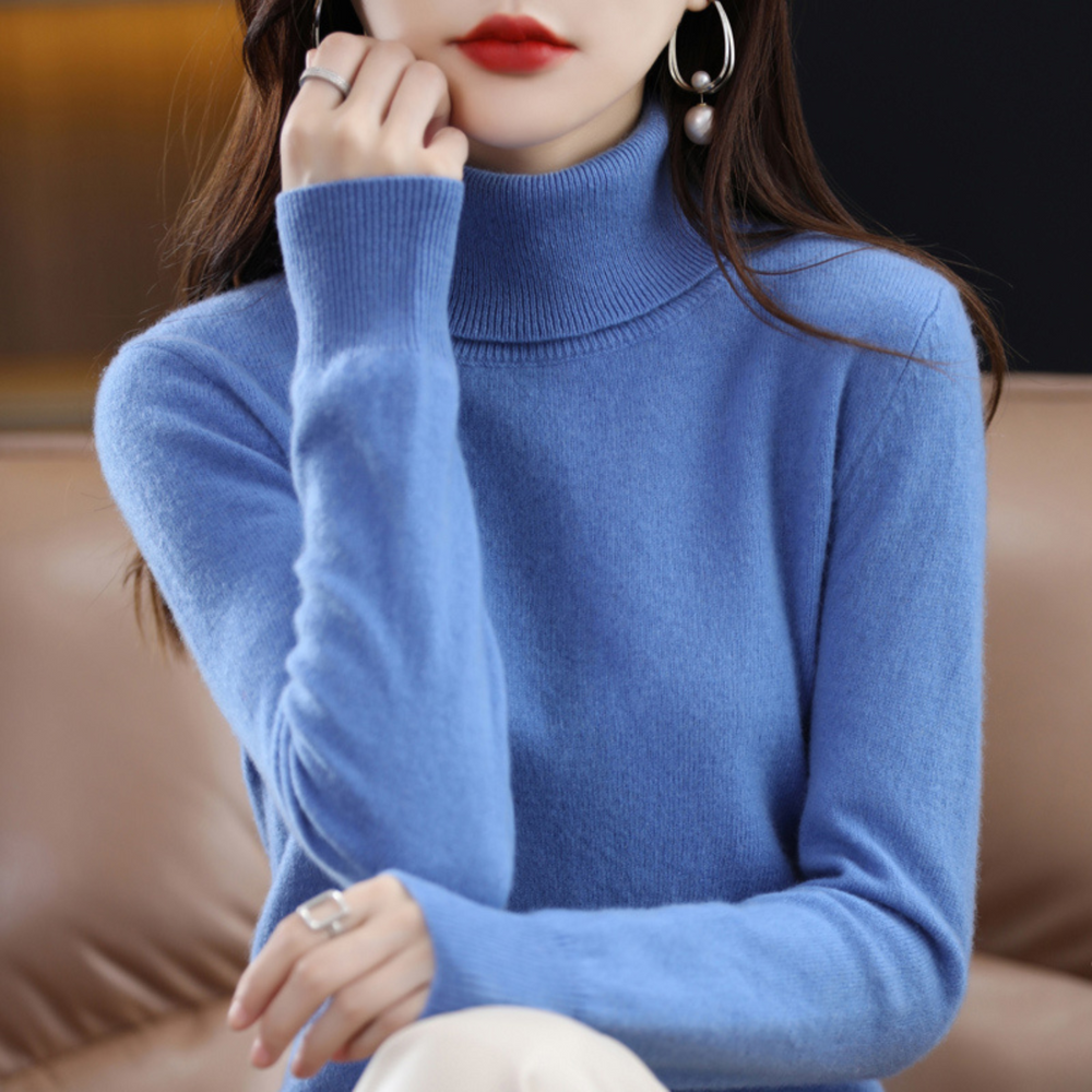 Emmie cashmere turtleneck sweater in blue, sleeve detail view