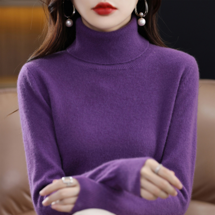Emmie cashmere turtleneck sweater in purple, front view