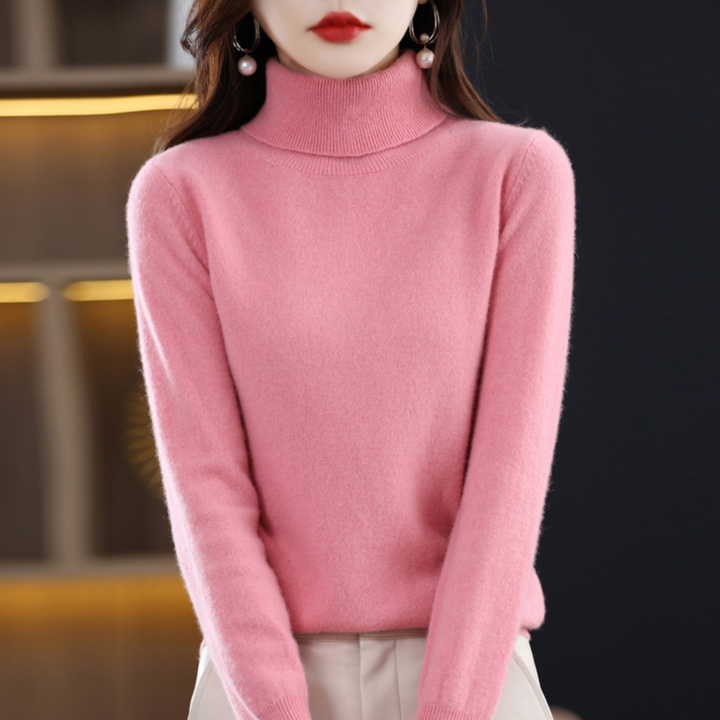 Emmie cashmere turtleneck sweater in pink, front view