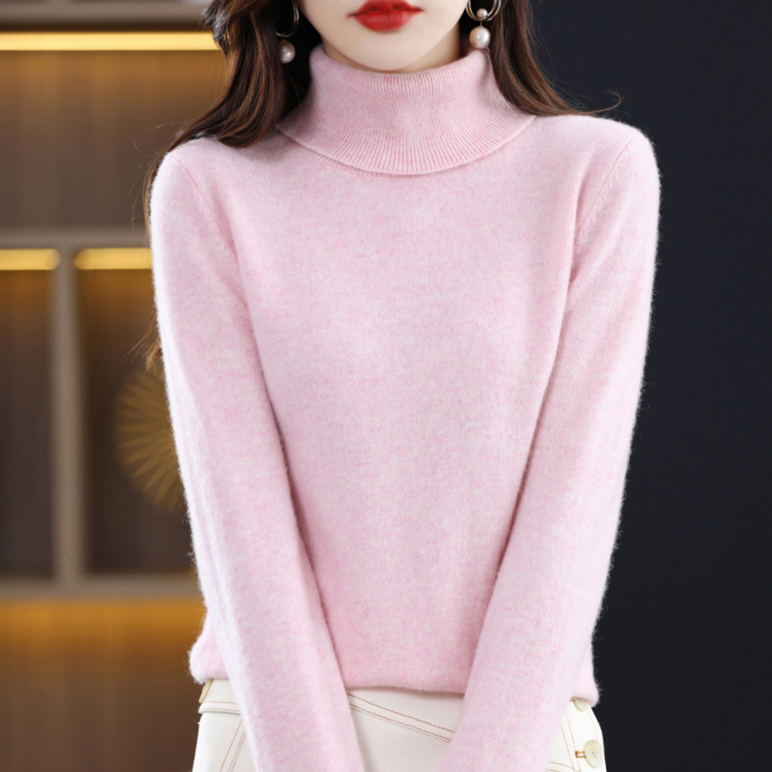 Emmie cashmere turtleneck sweater in light pink, close-up view