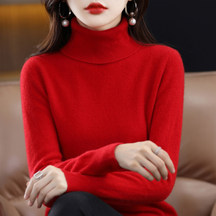 Emmie cashmere turtleneck sweater in red, front view