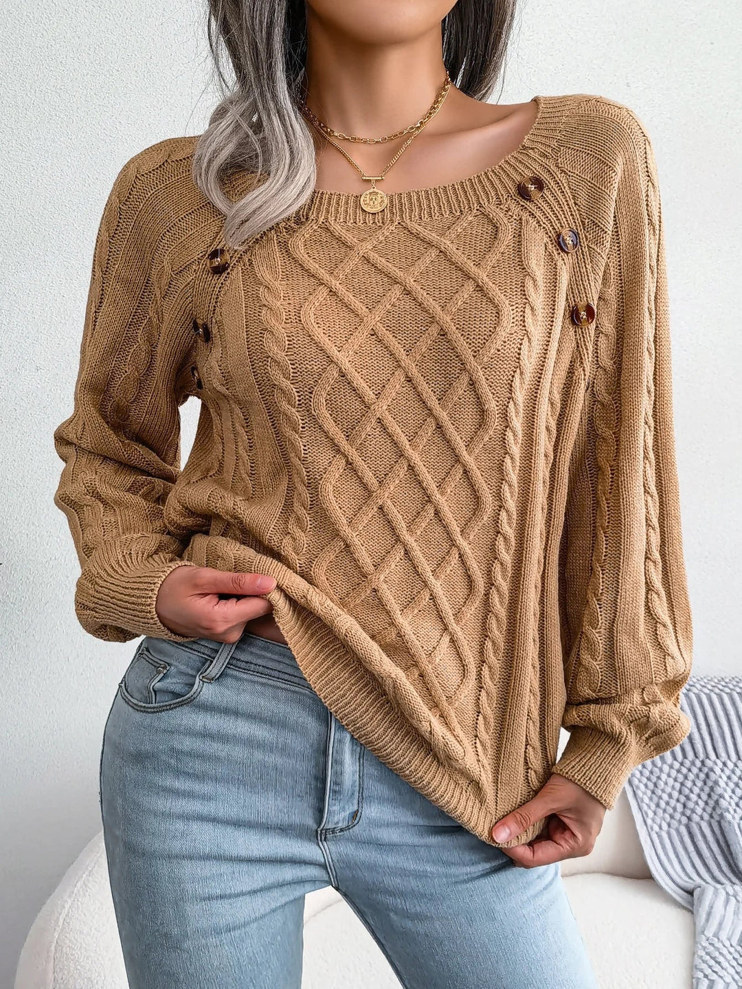 Everly cable knit sweater with square neck and button detail, front view in tan