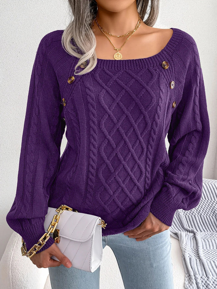 Everly cable knit sweater with square neck and button detail, front view in purple