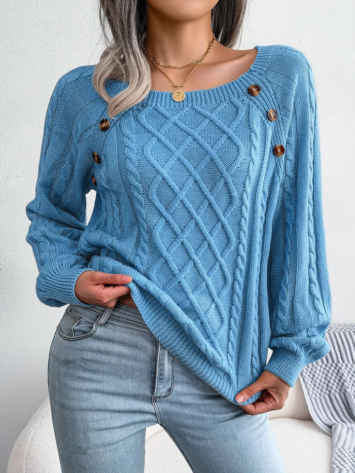 Everly cable knit sweater with square neck and button detail, front view in blue