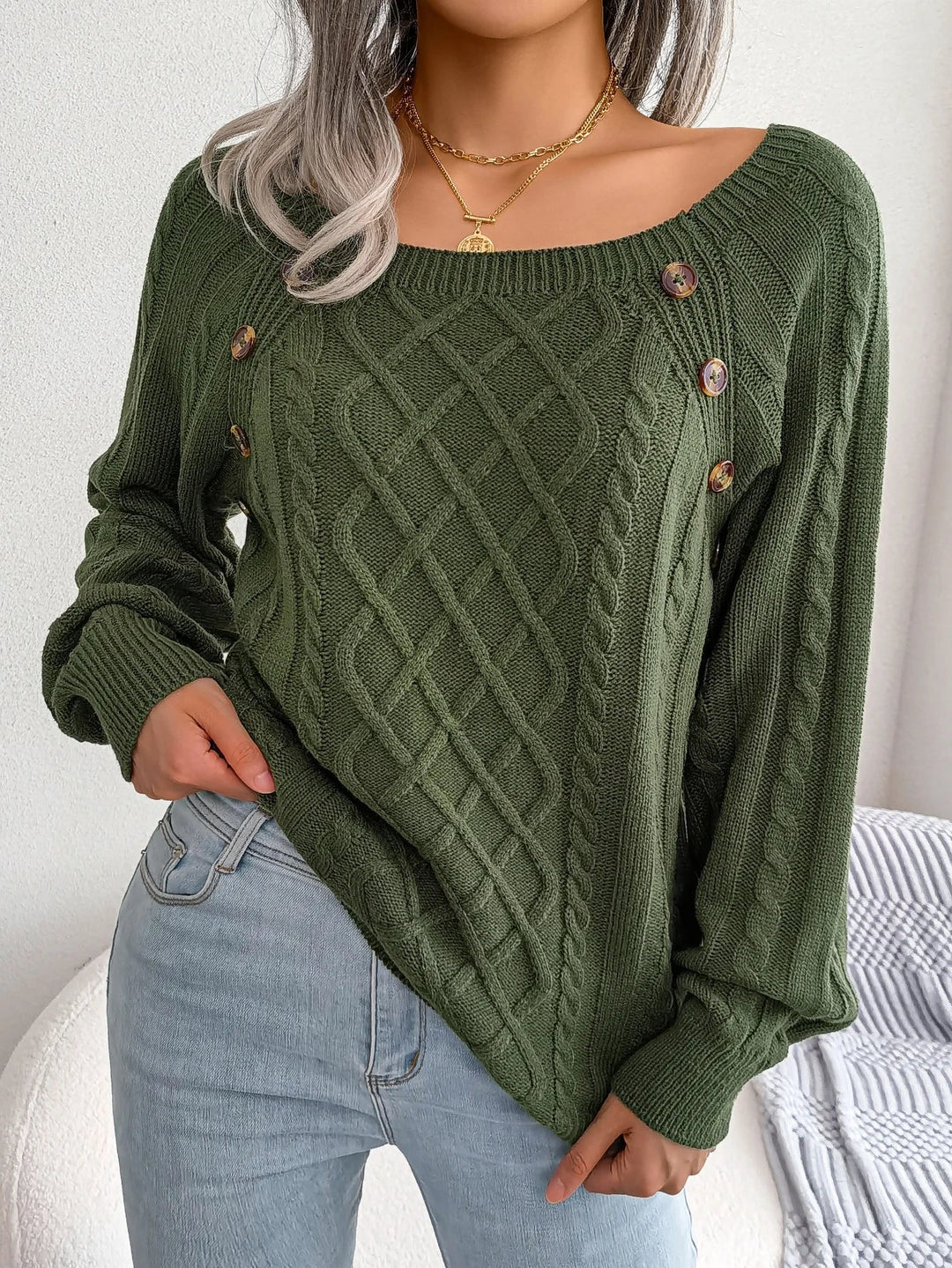 Everly cable knit sweater with square neck and button detail, front view in olive green