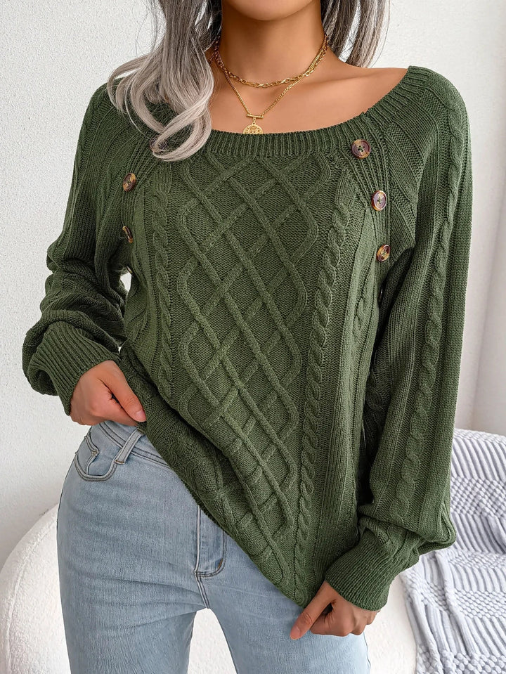 Everly cable knit sweater with square neck and button detail, front view in olive green