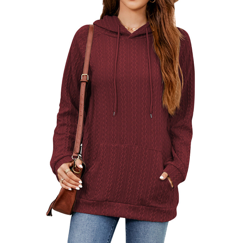 Everly cable knit hoodie in burgundy, front view