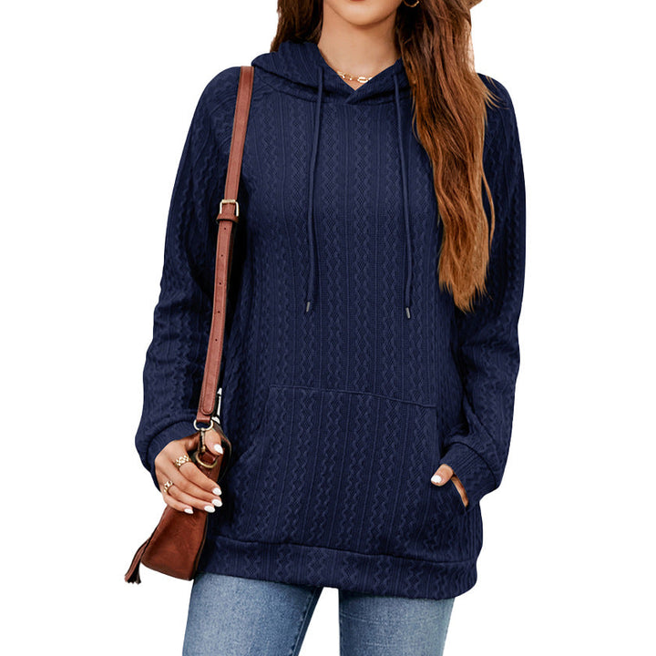Everly cable knit hoodie in navy, front view
