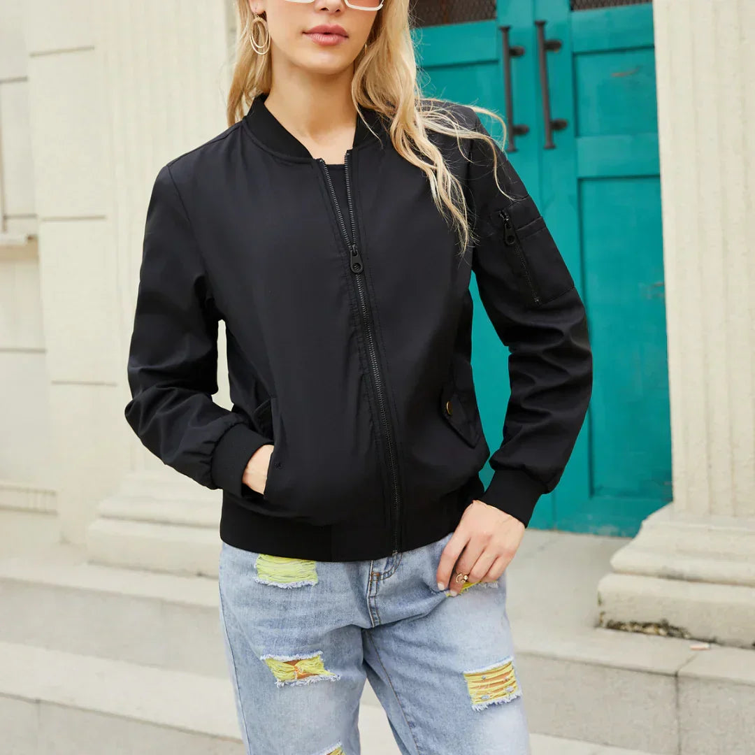 Everly black bomber jacket with zip chest pocket, front view